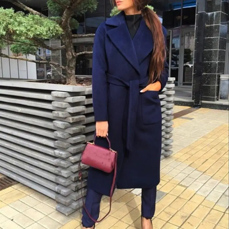 Зимнее свободное теплое шерстяное длинное пальто размера плюс с отложным воротником и поясом, шерстяное пальто, однотонное Женское пальто для офиса и работы