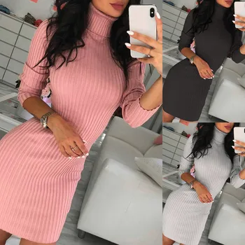

Women Fashion Casual Solid Long Sleeve Jumper Turtleneck Sweaters Dress