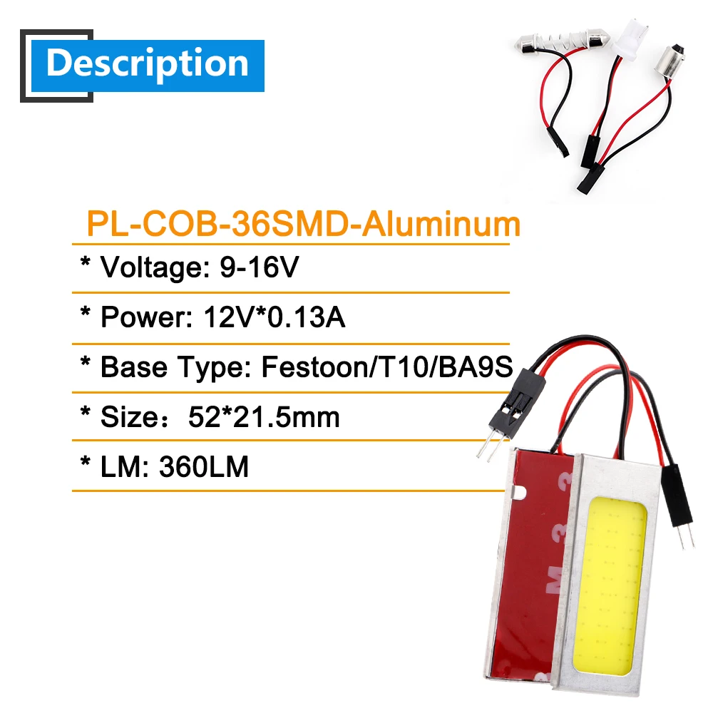 100X12 V светодиодный 36 SMD COB Чип 36 светодиодный алюминиевый свет панели 360LM 12V DC с BA9S+ T10+ переходник для фестона Интерьер белый 6000K 8000K