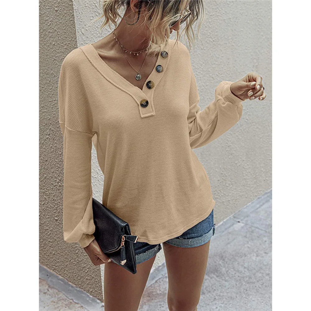 Women Casual Loose Tops Solid Buttons V-Neck T-Shirts Autumn Long Sleeve New Fashion Tee Female Streetwear Pullover Clothing cheap t shirts