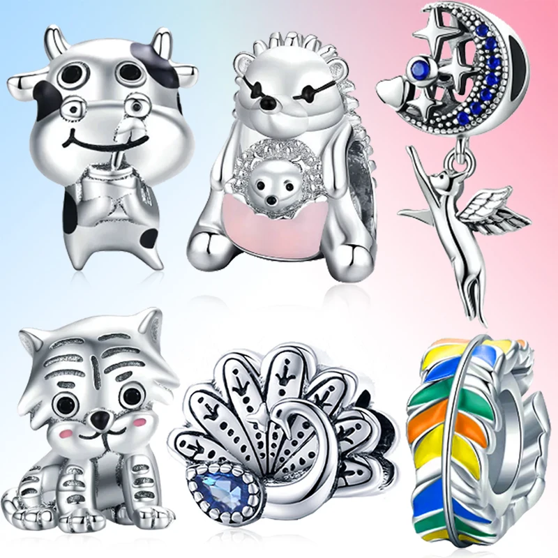 

925 Sterling Silver hedgehog charm cattle tiger Peacock Flying Cat Pet metal jewelry bracelet exquisite