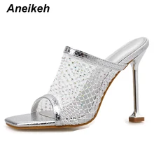 Aneikeh/ Стразы прозрачные ажурные каблуки Модные женские сандалии открытый носок Классическая Закрытая Туфли-босоножки на высоком тонком каблуке Дамская обувь