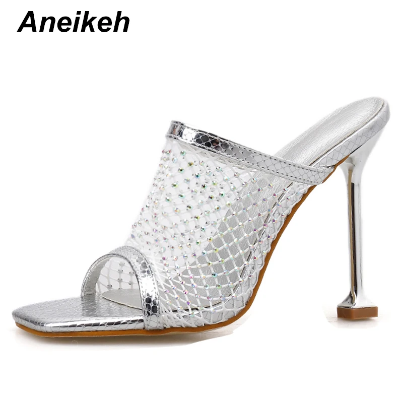 

Aneikeh 2020 Rhinestone CLEAR FISHNET HEELS Fashion Women Sandals Peep Toe Basic Slip-on Thin High Heels Sandals Ladies Shoes