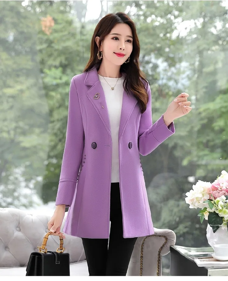 2019 весна осень Новая модная женская однотонная шерстяная куртка элегантная приталенная фиолетовая женская верхняя одежда универсальная