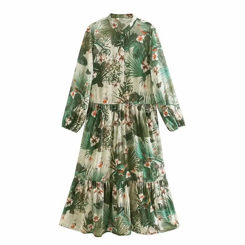 

2020 Women tropical floral leaves print casual straight midi Dress Female stand collar Vestido Chic pleat ruffles Dresses DS3349