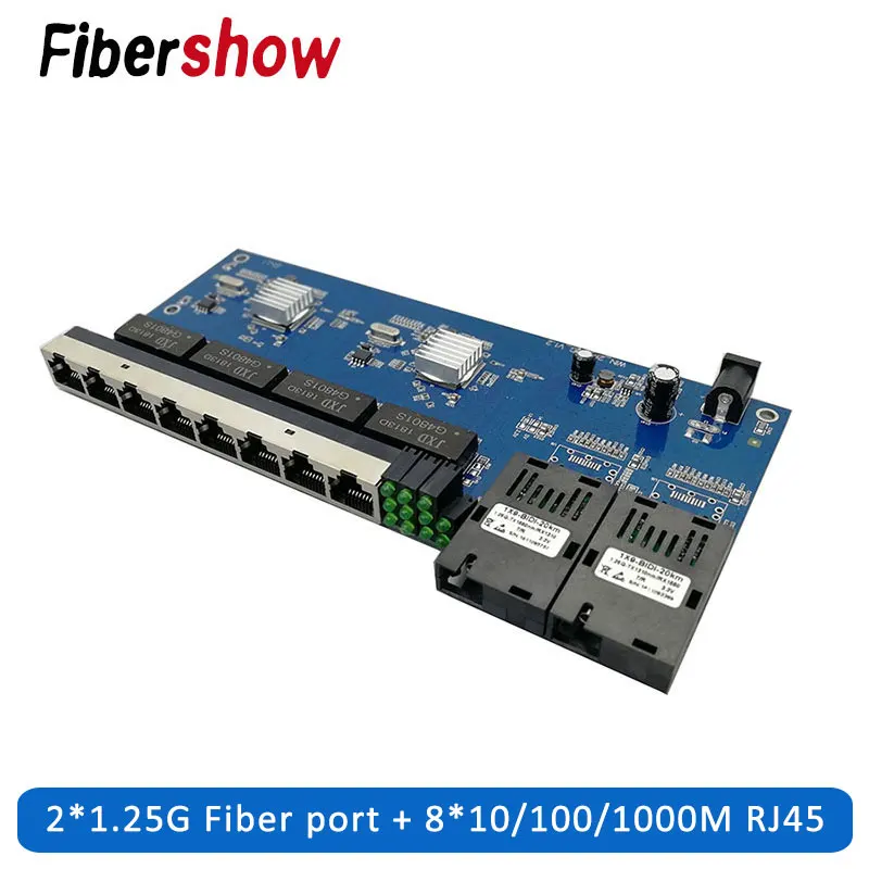 Baratos Convertidor de medios ópticos de fibra de interruptor Gigabit Ethernet PCBA 8 RJ45 UTP y 2 puertos de fibra SC 10 100 1000 M placa PCB