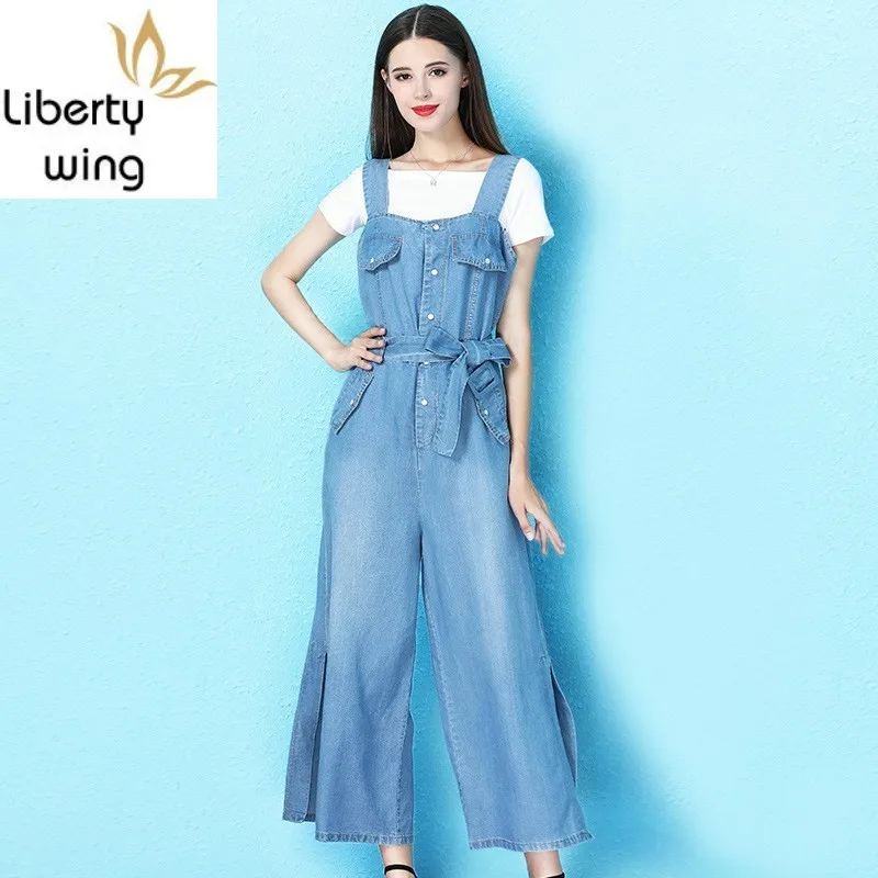 

Женский джинсовый комбинезон без рукавов, Шелковый комбинезон на бретелях, с карманами, поясом и Боковым Разрезом, прямые брюки с широкими штанинами для лета