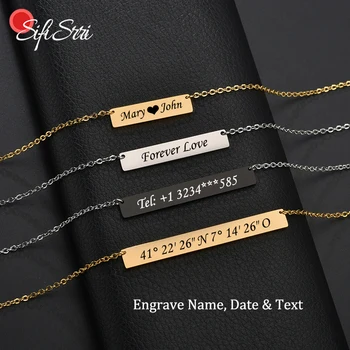 

Sifisrri Custom Engraved Name Date Bar Necklace Personalized Nameplate Tag Pendant Necklaces For Women Men Customized Jewelry