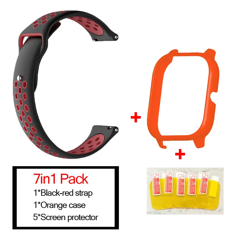 black red-orange 7в1 умные часы аксессуары для Huami Amazfit GTS ремешок силиконовый браслет полосы для Amazfit gts Чехлы Защитная пленка для экрана - Цвет: black red-orange