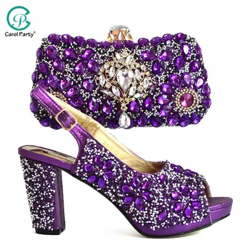 

2020 New Arrival Fashionable Ladies Italian design Shoes and Bag Set Decorated with Rhinestone Shoes and Bag Set in Purple Color