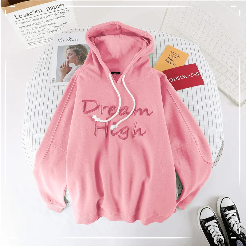 pink (hooded) Зеленая Толстовка Mujer свободный спортивный костюм с капюшоном Женский Уличная мечта с высоким буквенным принтом толстовка пуловеры Свободное пальто флисовые Топы - Цвет: pink (hooded)