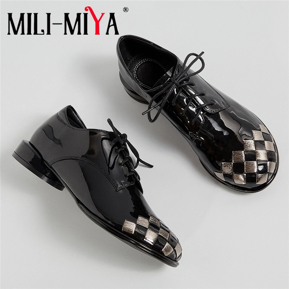 MILIMIYA Fashion Mixed Color Round Toe Women Patent Leather Pumps Lace Up Comfortable Low Thick Heels Casual Shoes Size 3440