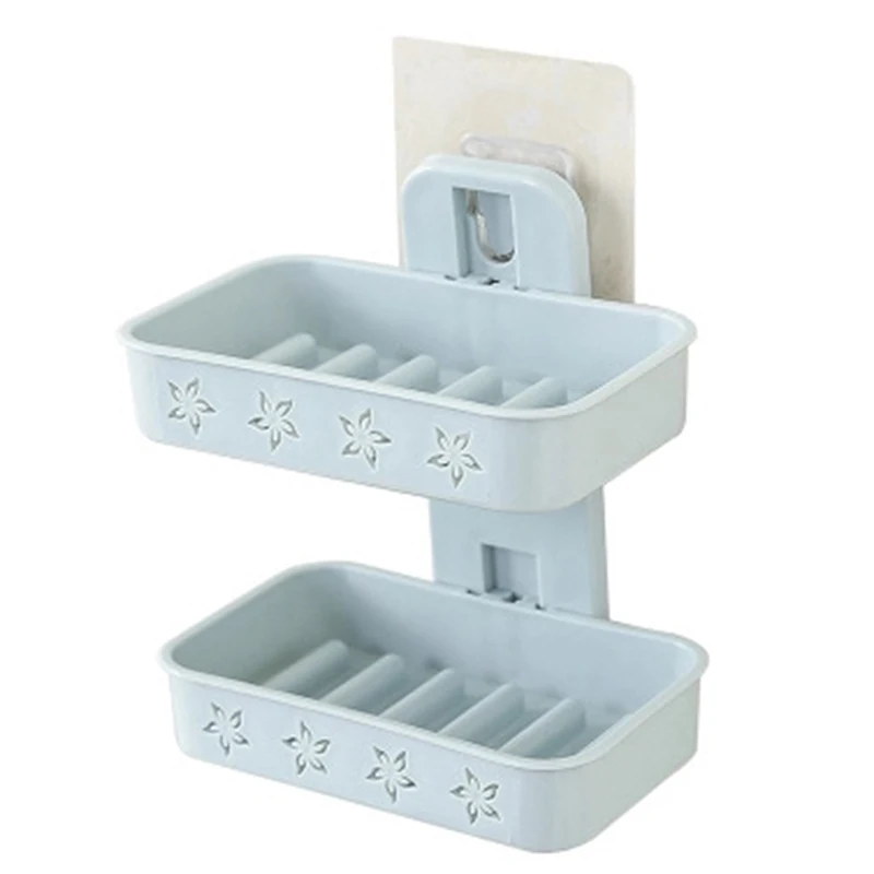 Soap Box Dish Storage Bathroom Hook Up Shower Plate Tray Holder Case Soap Holder Double Wall Shelf Storage Rack Sponges Shelf - Цвет: blue Style2