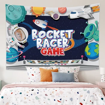 

Lovely Boy Alien Tapestry Wall Hanging Psychedelic Rocket Racer Game Tapestries Pattern Polyester Fabric Kids Room Decor