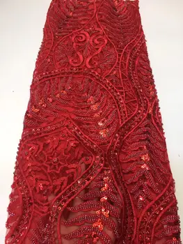 

Red African embroidery sequins lace fabric 2019 high quality glitter heavy handmade french beads lace for wedding party dresses