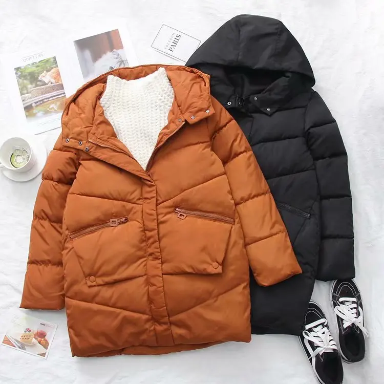 Осенне-зимняя одежда в Корейском стиле; стиль; одежда на подкладке из хлопка и шелкопряда с большим карманом и капюшоном; средней длины