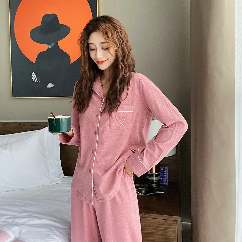 Color Cotton Long Sleeve Womens Pajama Suit Women Clothes Autumn Solid Full Length Pajamas Loungewear Two Piece Sleepwear - Цвет: pink