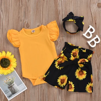 

Cotton Clothes Set Baby Solid Round Collar Flying Sleeve Jumpsuit Bow Bandage Sunflower Short Pants Hairband 0-24M