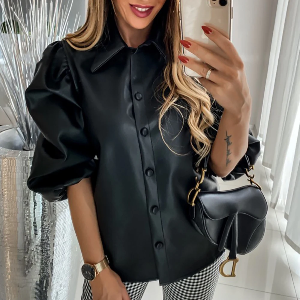 Leather Shirts Blouses Woman 2019 New Casual Lapel Pull Sleeve Khaki Tops Spring Autumn Ladies Button PU Shirt Women Blouse D30