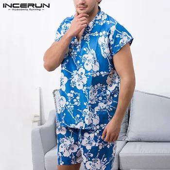 

INCERUN Men Pajamas Sets Homewear Floral Print Casual Short Sleeve V Neck T-shirt Shorts Male Sleepwear Suit Loose Pyjamas S-5XL