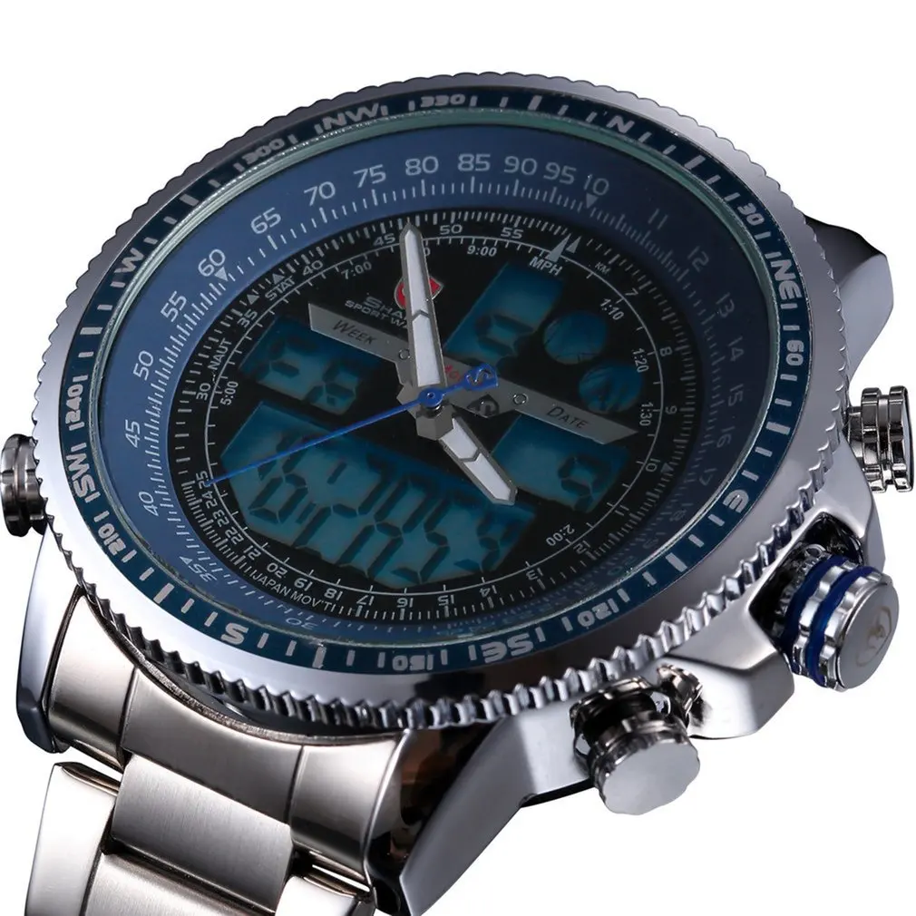Blue SH326N Бренд Акула для Мужчины Чёрный Жёлтый Большой Циферблат ЖК-Дисплей Двойное Механизм Времени Даты Будильник Секундомер Нержавеющий Стальной Серебристый Ремешок Мужские Спортивные Наручные Часы/ SH327 - Цвет: Blue SH326N