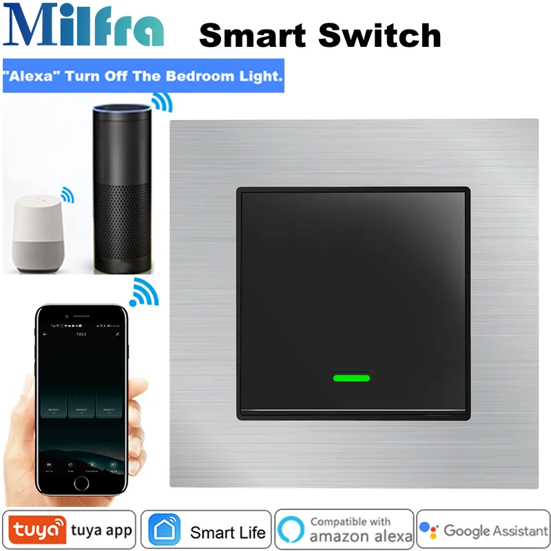 

Milfra Wifi Smart Switch Neutral Wire Required Push Button Voice Phone Control Silver 86mm for Google Home Alexa Tuya Smart Life