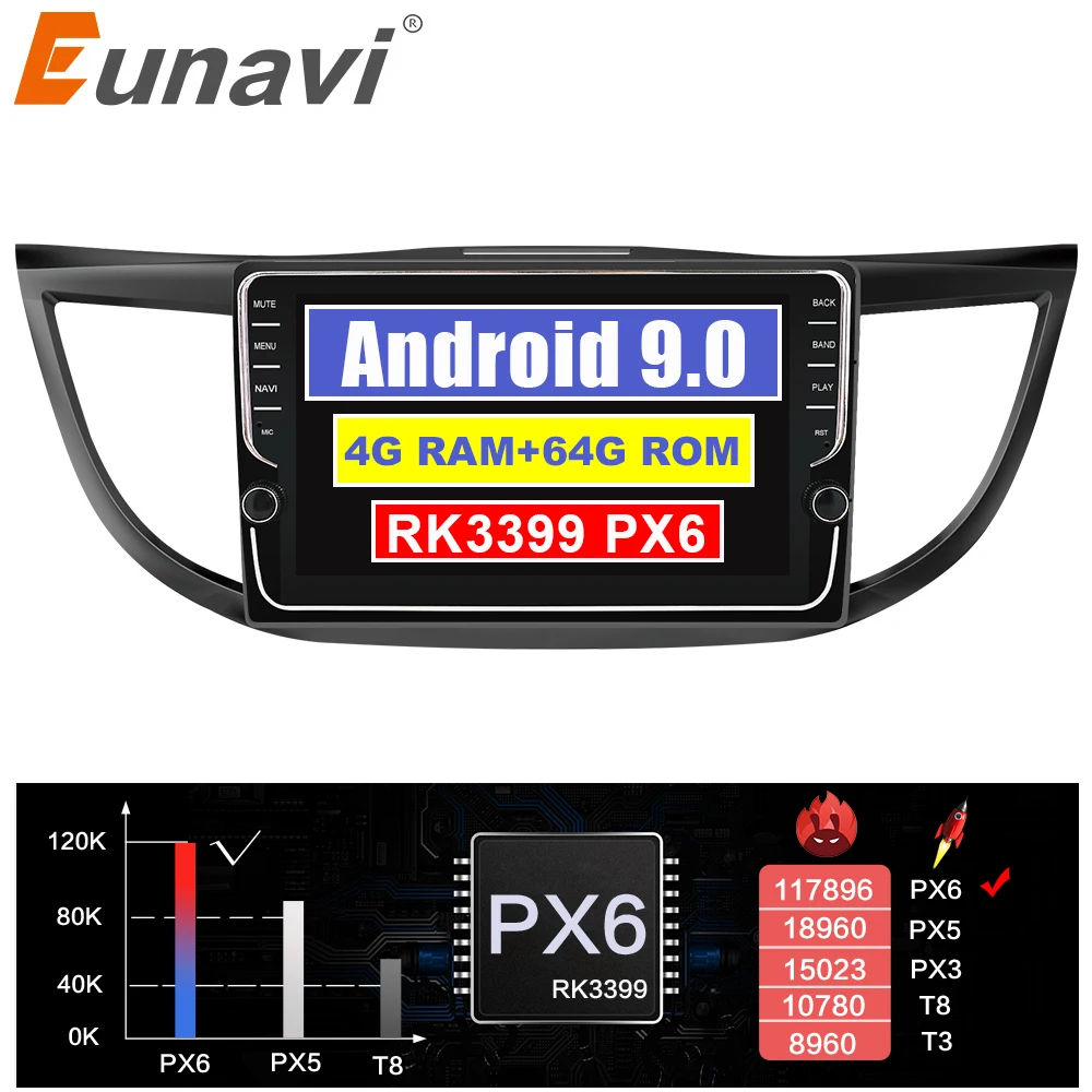 Eunavi 4 Гб + 32 ГБ, Android 9,0 4G автомобиля радио мультимедиа аудио плеер навигации gps 2Din для Хонда сrv 2012 2013 2014 2015 2016 PX6