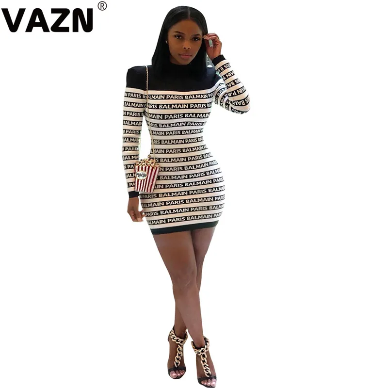 VAZN W-8233, шикарный дизайн, осень, сексуальное женское мини платье, 3 цвета, водолазка, длинный рукав, БУКВЕННОЕ платье, женское уличное платье - Цвет: Черный