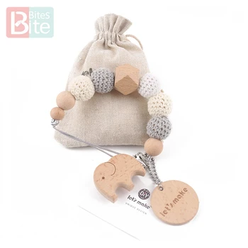 

1PC Baby Pacifier Chain Elephant Wooden Clip Geometric Crochet Beads Bag Wood Teether Tiny Rod Dummy Clips Baby Pacifier Holder