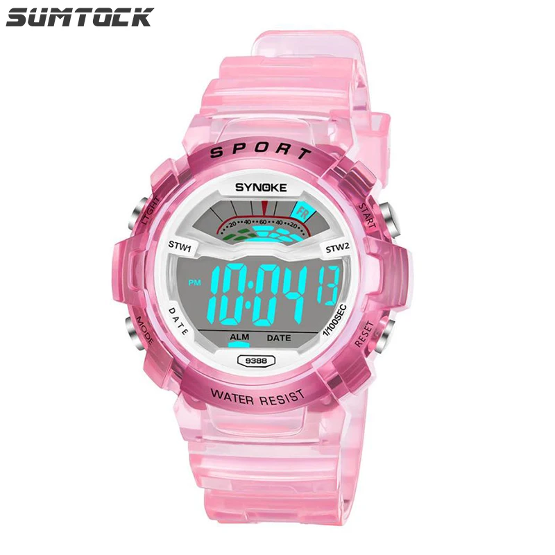 

SUMTOCK 10 Colors Transparent Watch Kids Boys Girls Digital Watch Pink Alarm Clock Waterproof Color Student Gift Watch 2019