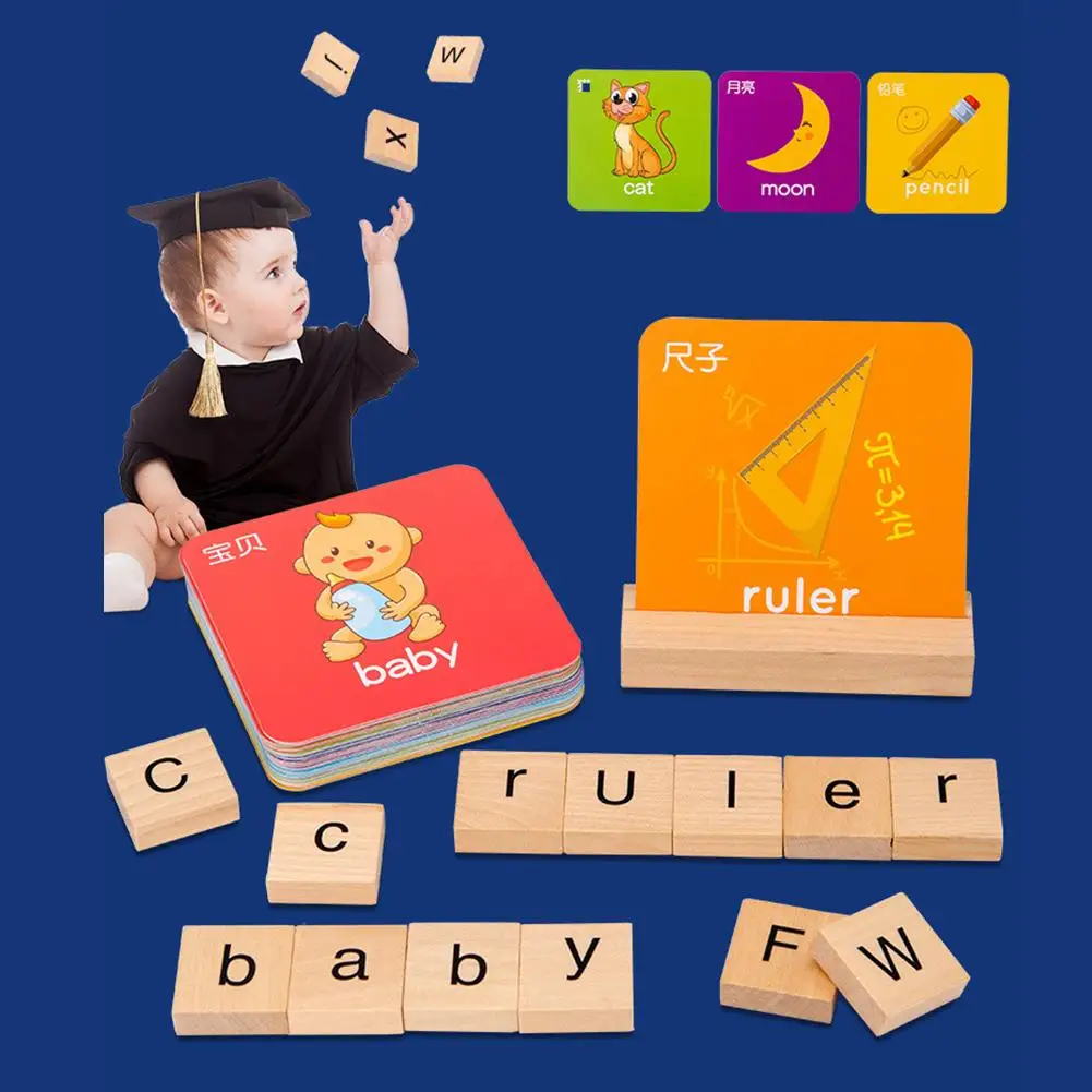 See Spell Learning Toy Wooden Alphabet Words Cards Matching Puzzles Education
