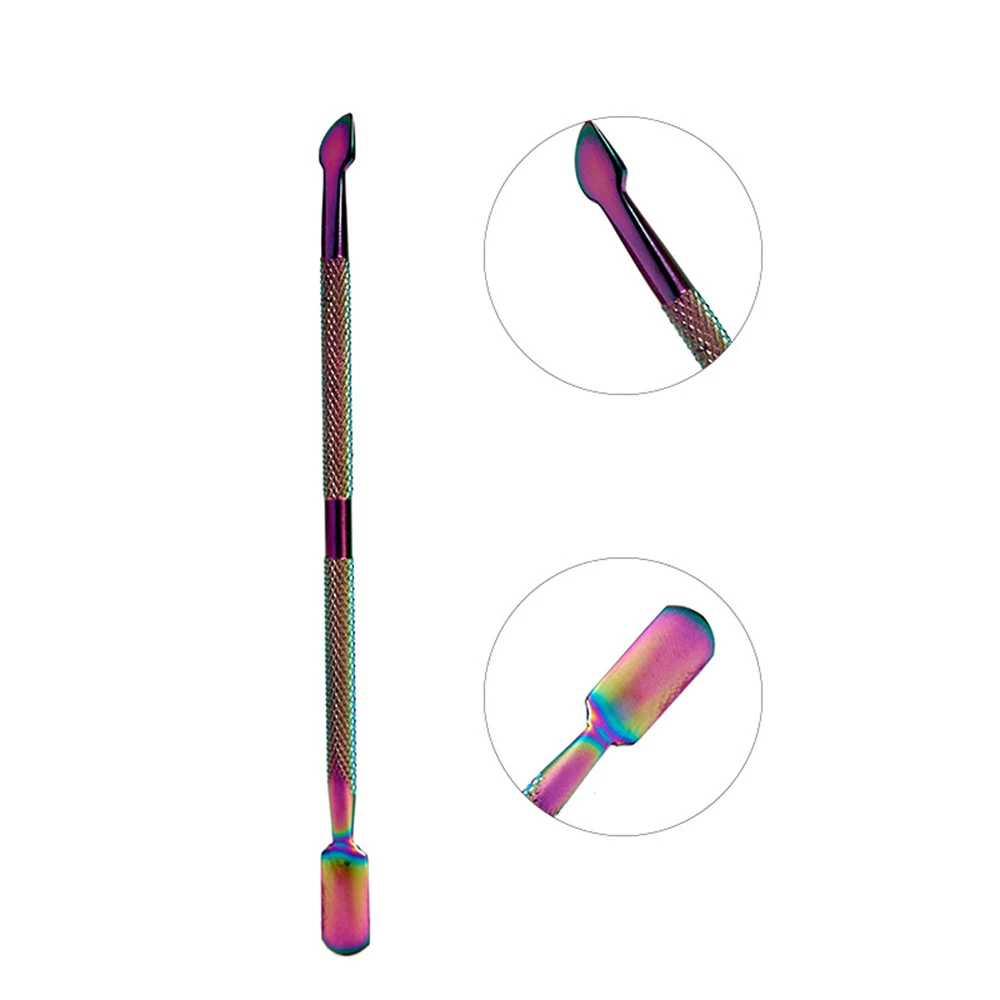 1PCS Cuticle Pusher Rainbow Stainless Steel Cuticle Nail Art Tools 2 Way Spoon Pusher Pedicure Manicure Remover Tools