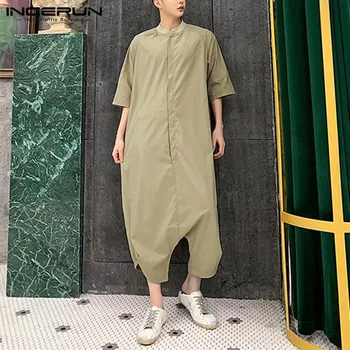 

2020 Fashion Men Jumpsuit Streetwear Half Sleeve Button Solid Baggy Casual Overalls Rompers Men Drop-crotch Pants S-5XL INCERUN