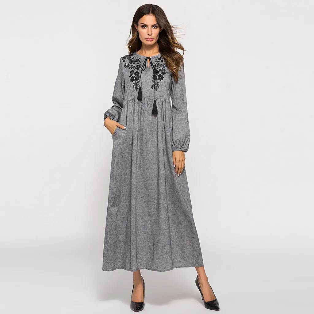 

Women Dubai Muslim LongSleeve Embroidered Arab Dress Islam Abaya Jilbab Dress