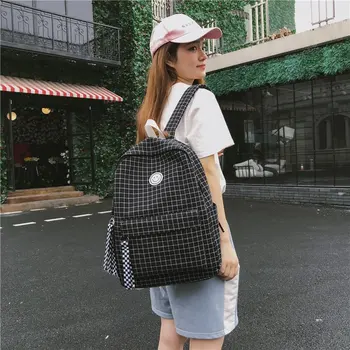 

Harajuku Brief Grid Backpack White Black Women Travel Ribbon Smile Backpack Students Canvas Double Shoulder Bag Mochila