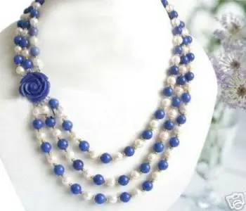 

Wonderful! 7-8MM White Freshwater Pearl & Lapis lazuli Beads Necklace Flower Clasp