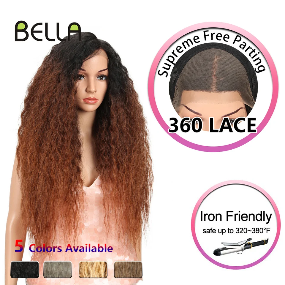 

Bella 360 Lace Front Wig Kinky Curly 29" Long Ombre Colors Hairline Black Color Heat Resistant Synthetic Hair Wigs For Women