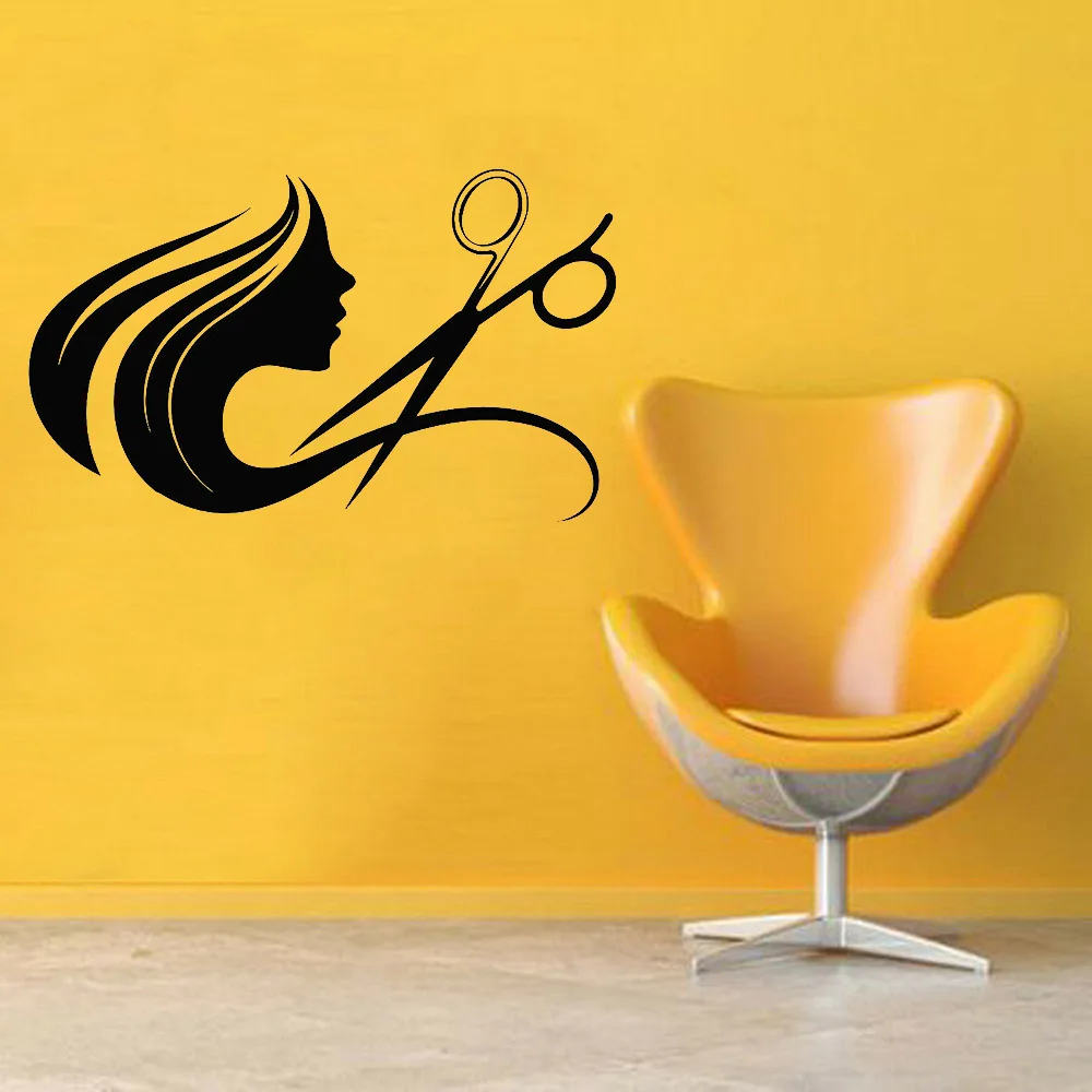 Long Hair Stickers Vinyl Wall Decal Beauty Salon Barber Scissors Room