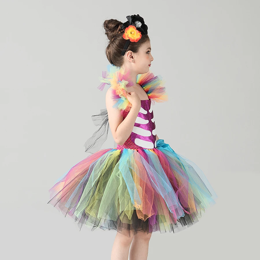 Children Day Of The Dead Halloween Costume Girls Skeleton Skull Dia Muertos Fancy Tutu Dress with Headband Cosplay Party Dress (8)