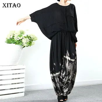

XITAO Two Piece Set Women Fashion New Women 2020 Summer Goddess Fan Black Pleated Top Elastic Waist Print Pattern Pants ZP1093