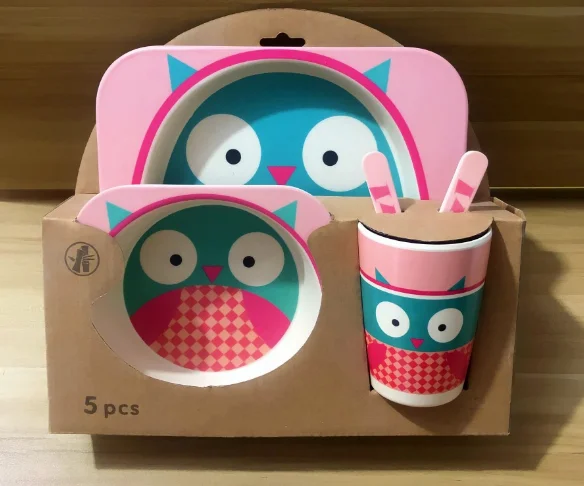 owl 5 шт./компл. детские блюда, детские блюда, блюда с героями мультфильмов, Детские натуральные блюда, бамбуковое волокно, миски, вилки, чашки - Цвет: owl