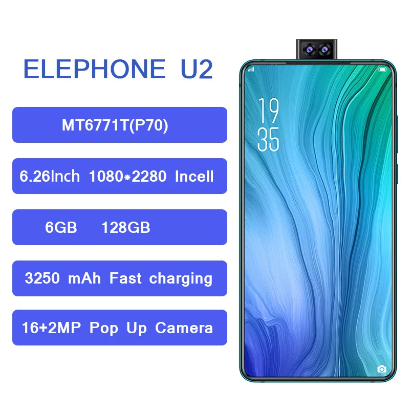Elephone U2, 6 ГБ, 128 ГБ, мобильный телефон, Android 9,0, MT6771T, 6,26 дюймов, 16 Мп, всплывающая камера, Face ID, LTE, смартфон