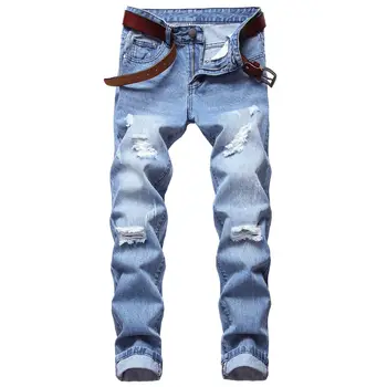 

2020 New Men's Jeans Straight Slim Hole Cotton Denim Trousers
