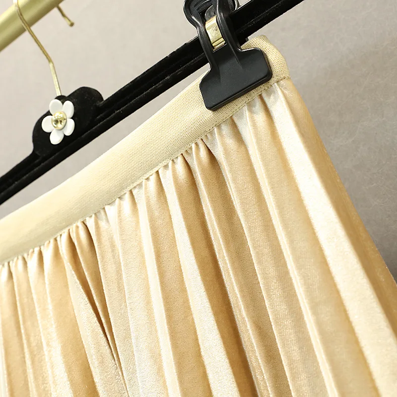 Golden Velvet Half-length Two-sided Yarn Skirt Female Autumn and Winter New High-waist Mesh Pleated Skirt