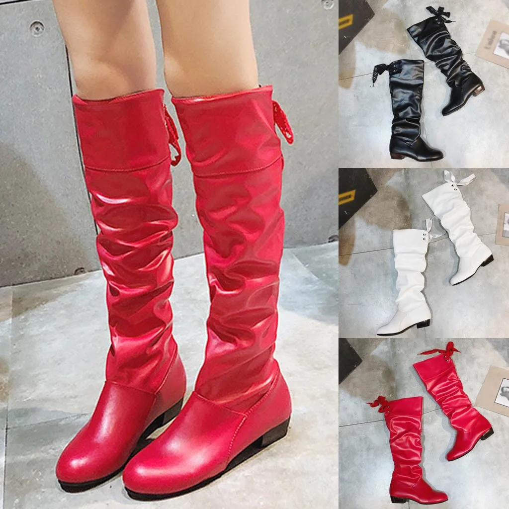 Высокие красные сапоги До Колена Для Женщин, теплые кожаные сапоги на каблуке в виде щенка ботинки на плоской подошве с кружевными ремешками Студенческая обувь больших размеров женские ботинки
