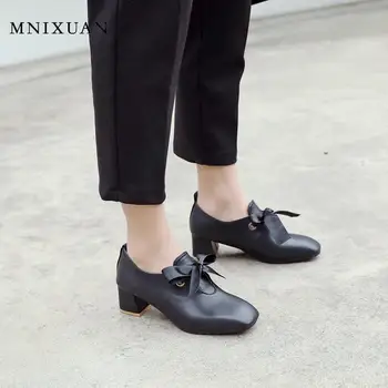 

MNIXUAN Korean college Classics women pumps shoes 2020 spirng new square toe lace up sweet butterfly-knot block heels shoe black