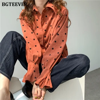 

BGTEEVER Vintage Polka Dots Corduroy Women Shirts Tops Flare Sleeve Female Blouses Loose 2020 Spring Blusas Mujer Femme