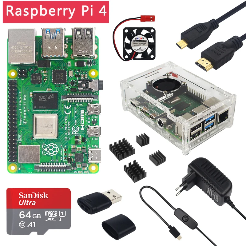 Raspberry Pi 4 Model B 2 ГБ/4 ГБ/8 ГБ ОЗУ + чехол вентилятор теплоотвод адаптер питания SD карта