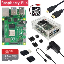 Ahududu Pi 4 modeli B 2/4/8GB RAM + kılıf + Fan + isı emici + güç adaptörü + 32/64 GB SD kart + HDMI uyumlu kablo RPI 4B