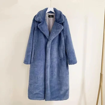

Women Winter High Quality Faux Rabbit Fur Coat Loose Lapel OverCoat Luxury Long Fur Coat Female Thick Warm Plus Size Plush Coats